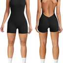 Litthing Women Short Jumpsuit Backless Scrunch Butt Workout Rompers V Back Yoga One Piece Unitards Sleeveless Gym Bodycon L