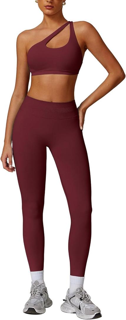 ABOCIW Women Workout Sets Seamless High Waist Scrunch Butt Lifting Gym Leggings Cutout One Shoulder Sports Bra (X-Small, Burgendy Red) ABOCIW Women Workout Sets Seamless High Waist Scrunch Butt Lifting Gym Leggings Cutout One Shoulder Sports Bra (X-Small, Burgendy Red)