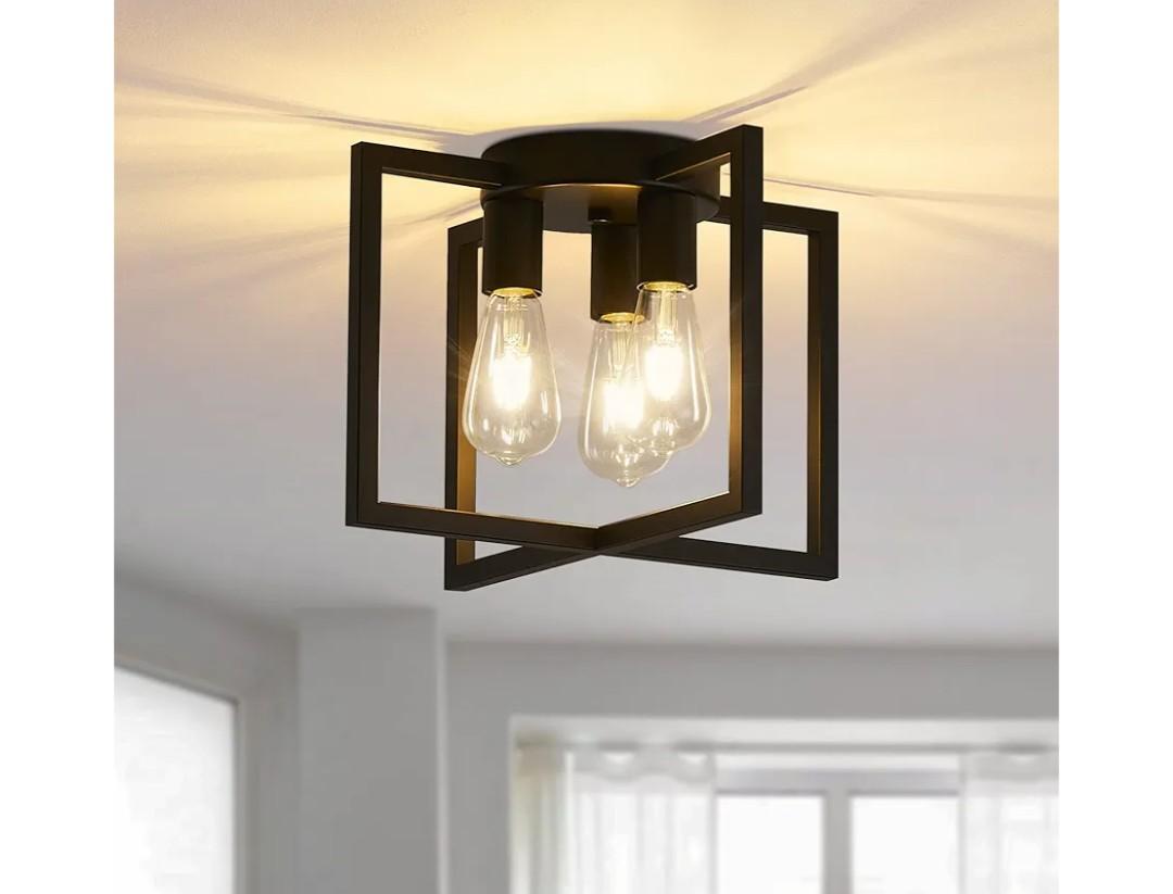 3-Light Ceiling Light Fixture, Black Semi-Flush Mount Chandelier with Geometric Metal Shade, Farmhouse Industrial Lighting for Kitchen Living Room Bedroom Hallway Foyer, E26 Base