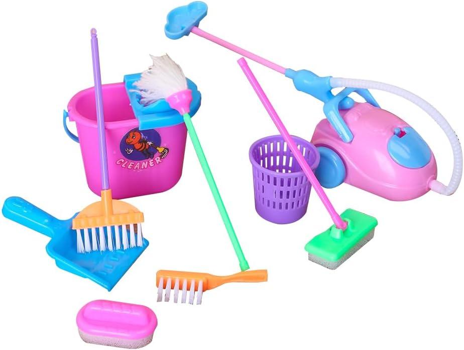 E-TING Miniature Mop Dust Pan, Brush, Broom, Plastic Doll Housework Cleaning Supplies Tools Set Dollhouse Furniture Decoration Accessories for 7-11.5 inch Dolls Accessories, Multicolored