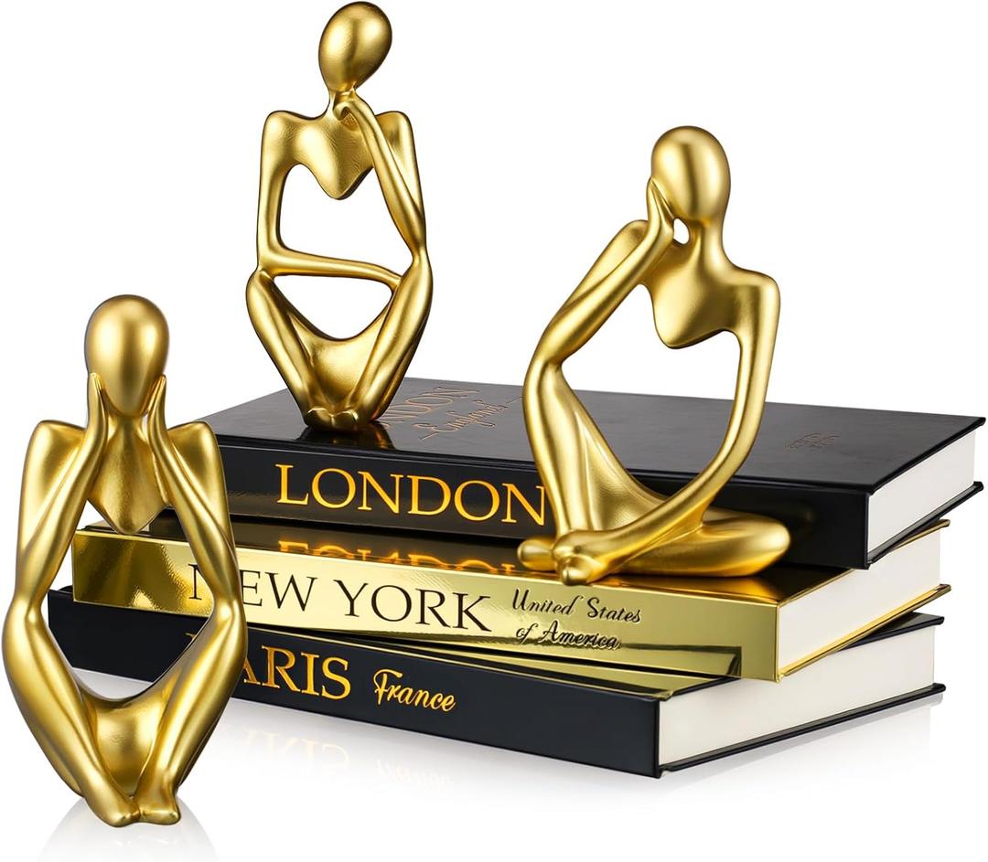 6 Pcs Gold and Black Color Decorative Book & Thinker Statue Set - 3 Books Accents 3 Thinker Abstract Art Sculpture Home Decoration for Living Room Bookshelf Table Decor