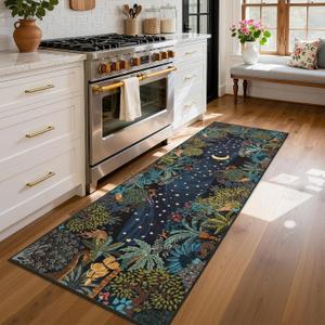 GarveeHome 2x6 Jungle Washable Runner Rug for Kitchen, Soft Animal Print Hallway Runner Non Slip Green Entryway Rug Farmhouse Laundry Mat Stain Resistant Carpet for Bedroom Bathroom (Blue)