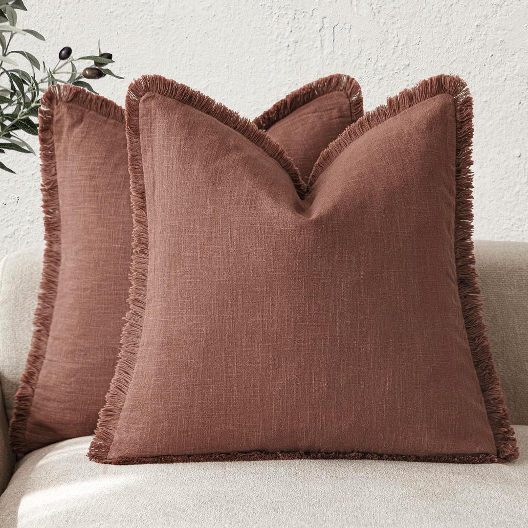 Foindtower Set of 2 Decorative Linen Fringe Throw Pillow Covers Cozy Boho Farmhouse Cushion Cover with Tassels Soft Accent Pillowcase for Couch Sofa Bed Living Room Home Decor,2626 Inch,Rust Red (Autumn Glaze)