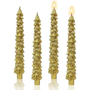 Christmas Tree Shaped Taper Candles, 9.8 Inch Unscented Tree Candle Decorative Christmas Tree Candles Gift for Christmas Festival Celebration Decor, 4PCS, Golden