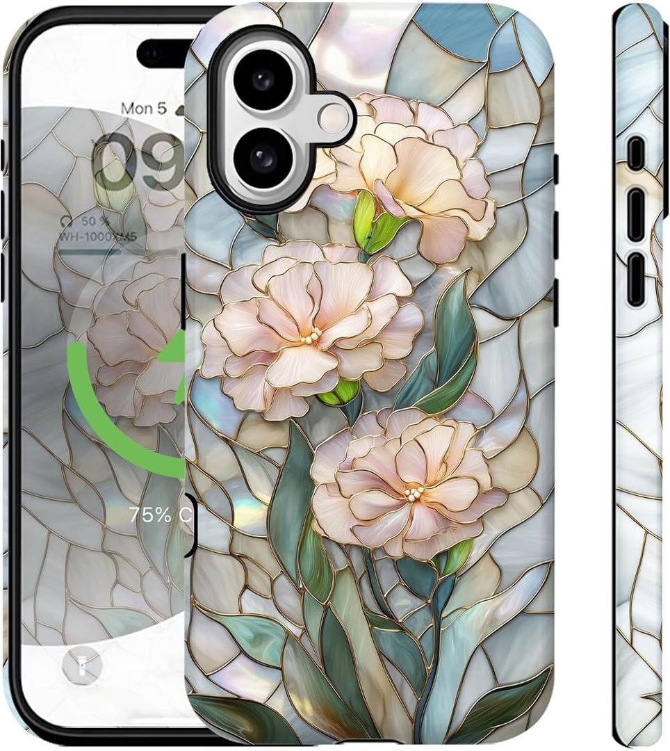 for iPhone 17 Case Cute Aethetic Bloom Flowers Florals Design [Stained Glass][Compatible with Magsafe] Rugge Shockproof Anti-Scratch Phone Case for iPhone 17 Women
