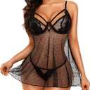 RSLOVE Women Sexy Babydoll Lingerie - Lace Sheer Mesh Sleepwear Polka Dots Bridal Chemise Nightie Dress (Large, Black)