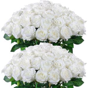FOTEEWL 60 Pcs Artificial Rose Flower Realistic Faux Silk Roses Stem Fake Roses Bouquet for Flower Arrangement,Wedding Centerpieces,Party,Home Decorations (White)