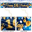 Large Happy 16th Birthday Banner Backdrop Blue Gold 16 Birthday Sign 16 Year Party Decoration Supplies for Kids Boys Wall Yard, 118inches * 20inches