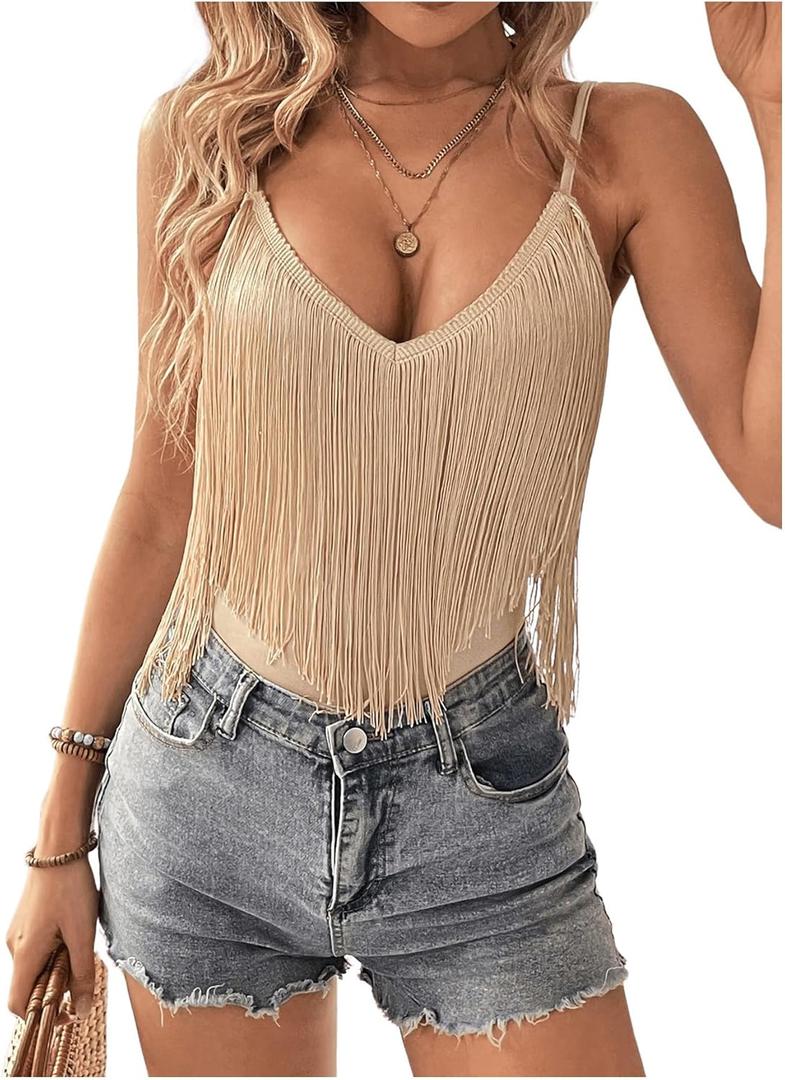 SweatyRocks Women's Fringe Sleeveless Boho Tassel Tank Top Slim Fit Cami Summer Tops (X-Large, Apricot)