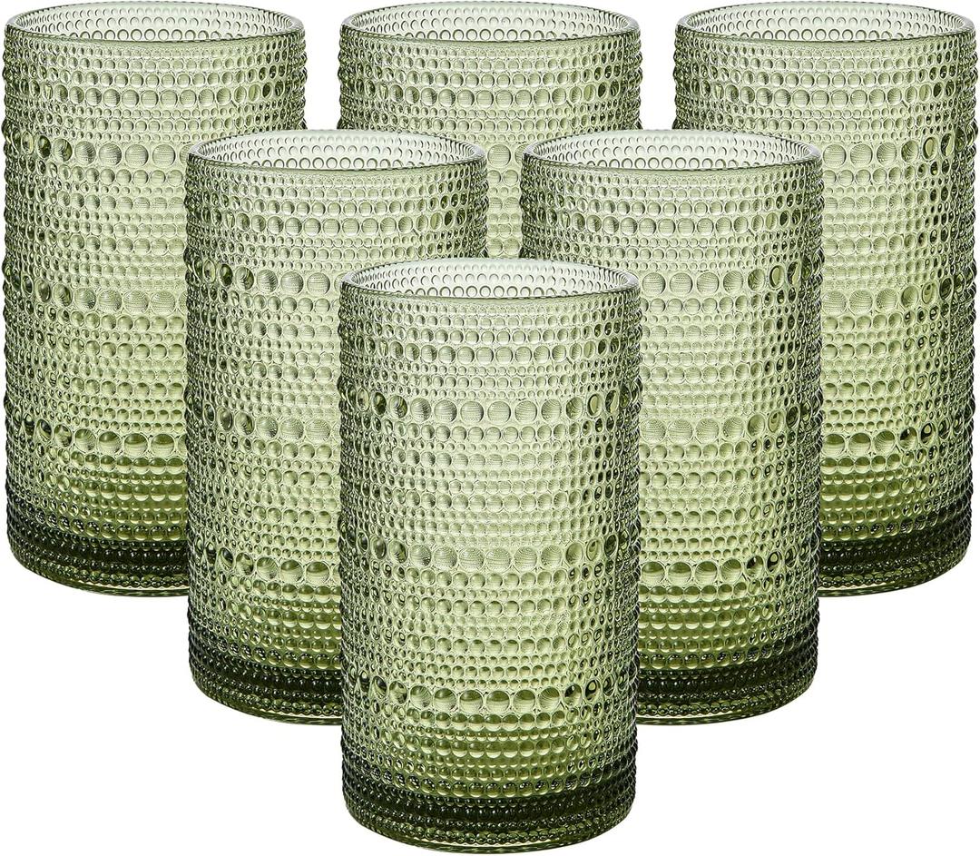 Vintage Glassware Drinking Glasses Set of 6,16oz Hobnail Glass Cups,Embossed Green Water Tumbler,for Cocktail, Juice, Whiskey, Milk and Various Mixed Drinks Green