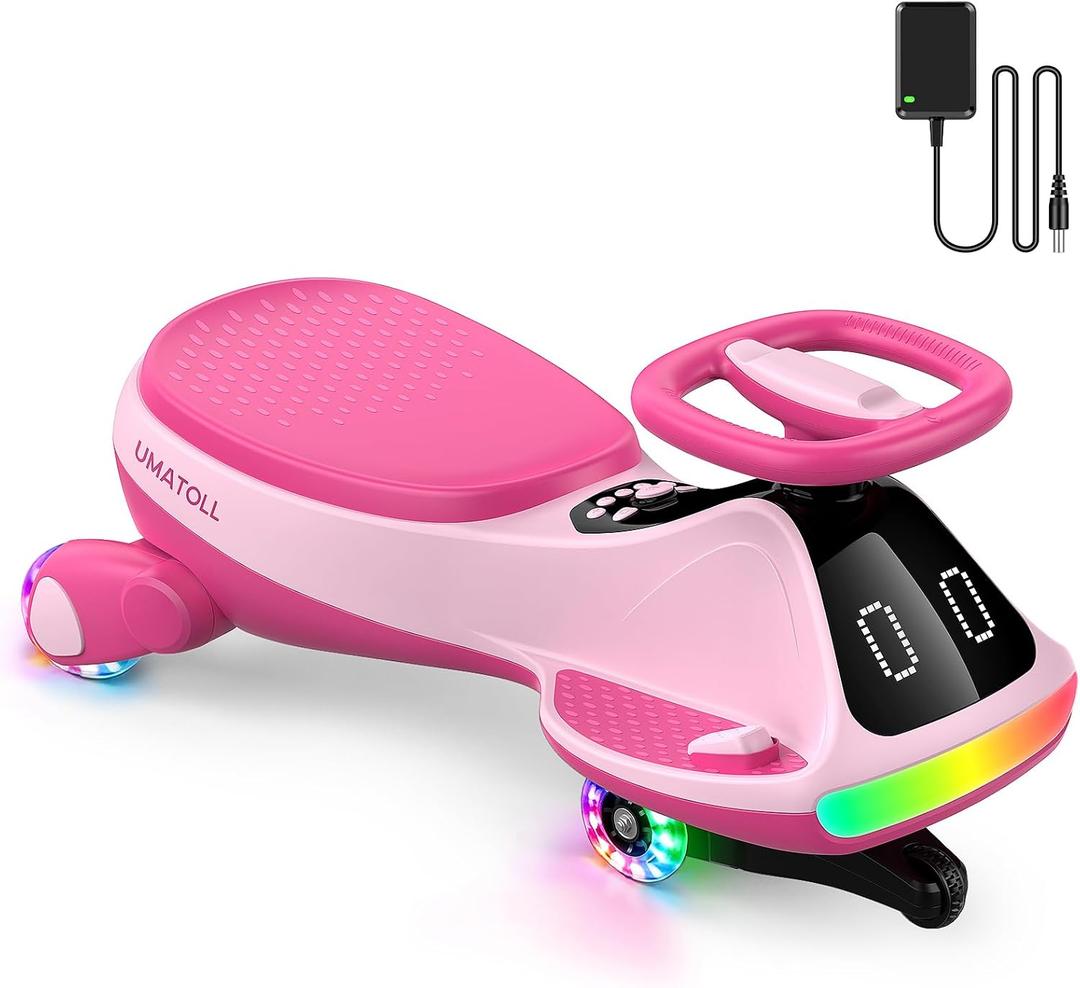 Umatoll 12V Electric Wiggle Car for Kids with Pedal, Display, Rechargeable Battery, LED Light, Bluetooth, Light-Up Wheels, Anti-Rollover, 2 Speeds, Ride on Toys, Birthday Gifts for Age 3+, 150Lbs, Small