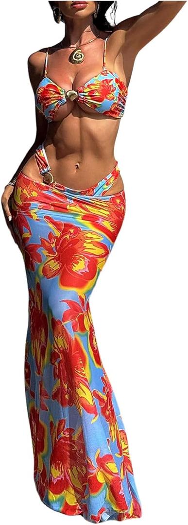 Women's 3 Piece Floral Cheeky Bikini Sets Halter String Swimsuit with Mesh Beach Cover Up Skirt (Large, Blue Orange)