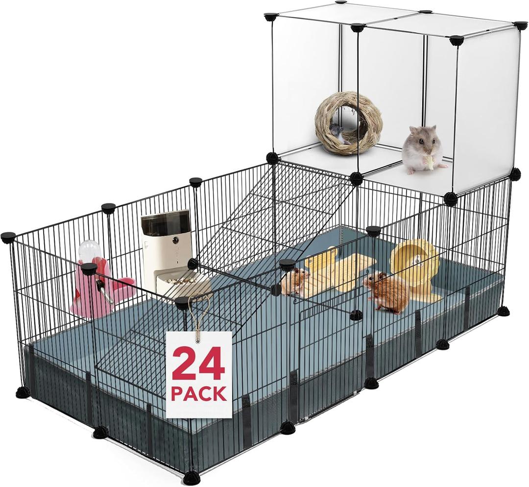 24 Panels Small Animal Playpen,Pet Playpen,C&C Cage for Guinea Pigs,Puppy Play Pen,Baby Chicken Cage,Indoor Outdoor Portable Metal Wire Yard Fence with Waterproof Mat