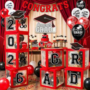 Graduation Decorations Class of 2026 Red and Black Balloon Boxes for High School & College, Congrats Grad Party Table Decorations with 4 String Lights, GRAD and So Proud of You Letters