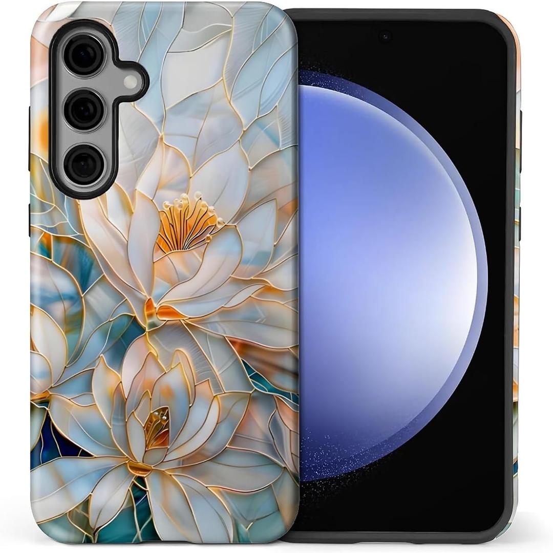 TAMEFOX Case for Samsung Galaxy S25 FE,Anti Drop Scratch Frosted Protective Cover Case for Women Girl-Glass Golden Flower