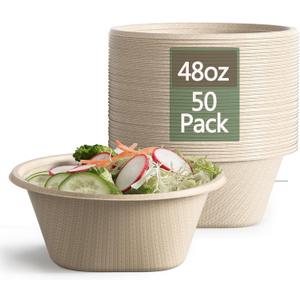 Homestockplus Large Disposable Bowl - Heavy Duty Paper Bowls - Made from Sugarcane and Bamboo Fiber, Microwave Safe - 48 Oz Paper Bowls for Soup, Salad, Ramen, Popcorn, etc. [Pack of 50]