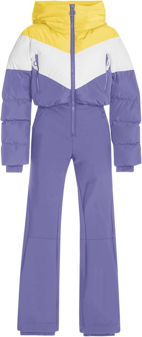 Fisoew Womens One Piece Ski Suit Warm Waterproof Snowsuits Winter Snow Jumpsuits Outdoor Sports Outerwear (M, Violet)
