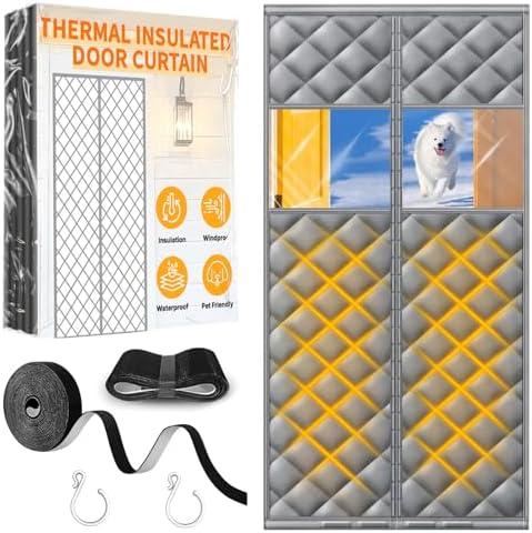 HOFUDON Upgraded Magnetic Thermal Insulated Door Curtain with Perspective Window, Weatherproof Oxford Cloth Filled with Cotton, Fit for Door Size 37" x 80", Doorway Curtains Size 39" x 82" Grey