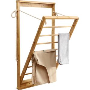Clothes Drying Rack, Foldable Bamboo Wall Mounted Laundry Rack  Space-Saving, Drop-Down Design  23" Wide, 40.9" High  Sturdy & Elegant for Home, Laundry Room & Bathroom