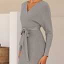 ZESICA Women's Fall Long Batwing Sleeve Wrap V Neck Knitted Backless Bodycon Pullover Sweater Dress with Belt,Grey,Large