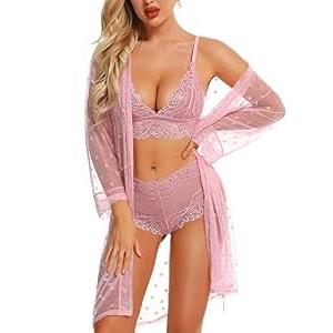RSLOVE Women Lingerie Set with Robe - 3 Piece Lace Bra and Panty Set Sexy Sleepwear for Bridal Honeymoon Anniversary Pink XXL