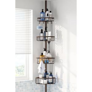 Corner Shower Caddy Tension Pole: Stainless Steel Rustproof 4-Tier Shower Organizer - 47-121 inch Adjustable Bathroom Shelves for Bathtub Shampoo Storage - Tension Rod Floor Standing Bath Rack, Bronze