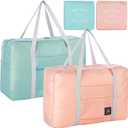 Foldable Travel Duffel Bag 2PCS Tote Carry on Luggage Bag Spirit Airlines Personal item Sports Gym Bag Water Resistant Weekender Overnight Bags for Women and Men (Green+Pink)