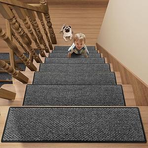 Stair Treads Carpet for Wooden Steps with Non Slip Rubber Backing, 100% Polyester Soft Stairs Resistant Indoor Skid Runner Safety Rugs for Kids Elders and Pets (1, Dark Gray, 30" * 8")