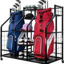 Golf Bag Storage Organizer Stand with Wheels - Heavy Duty Steel Rack Holds 2 Golf Bags with Central Storage Shelf for Golf Balls, Shoes & Accessories, Space Saving Garage Golf Club Equipment Holder