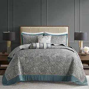 Madison Park Reversible Jacquard Quilted King Bedspread Set Teal, 5pc