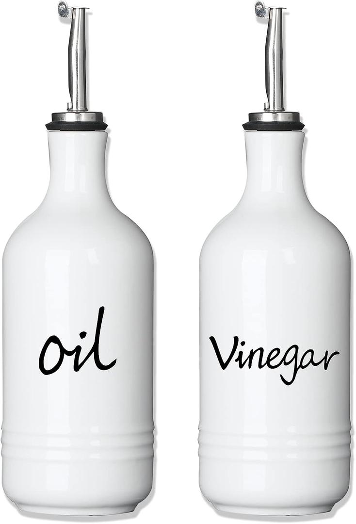 HAOTOP Farmhouse Ceramic Oil and Vinegar Dispenser Bottle Set, Perfect for Storage of Oil and Vinegar,15 oz (White)