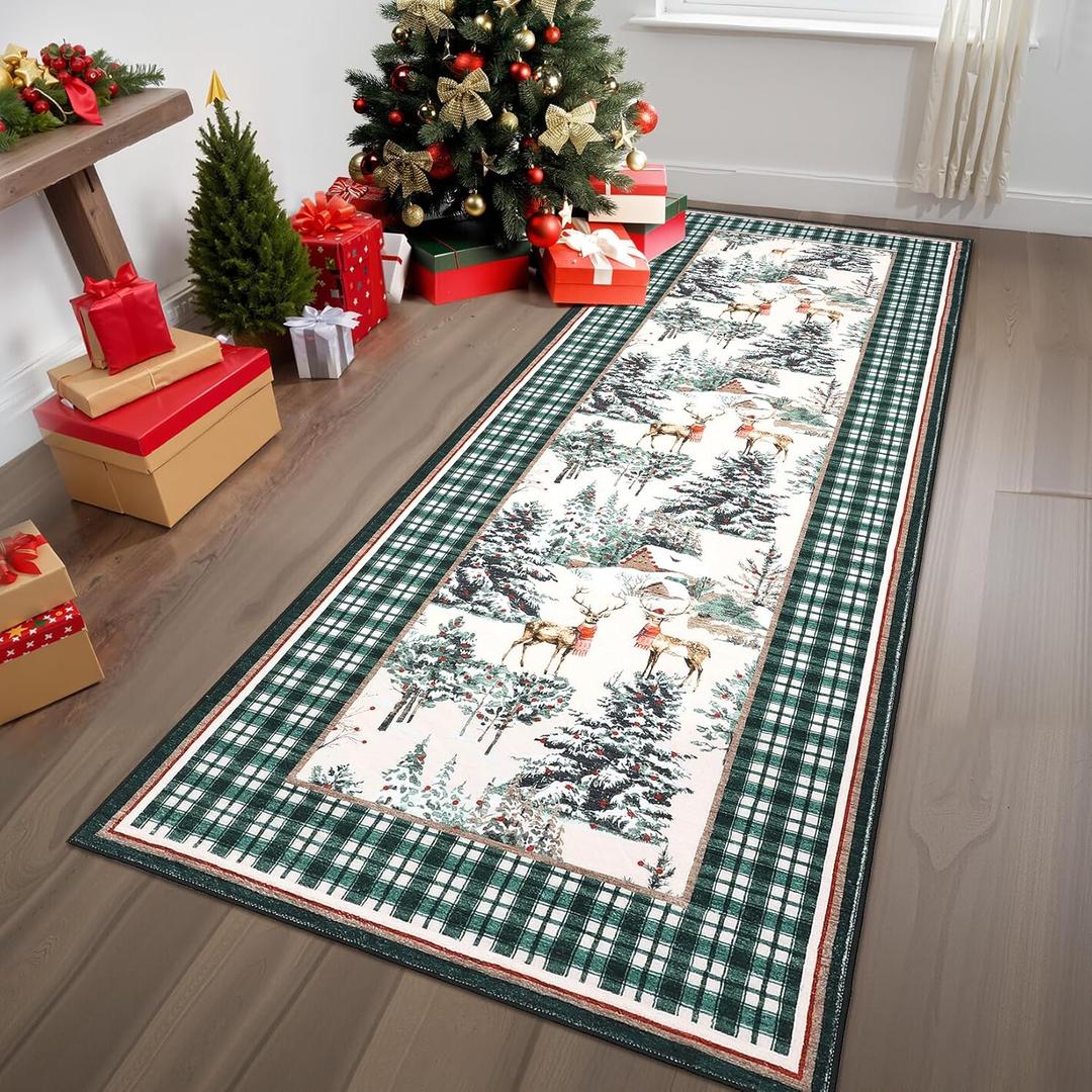 GarveeHome Christmas Washable Runner Rug 2x6, Holiday Decor Runners for Kitchen Soft Low Pile Christmas Tree and Deer Rug Non Slip Long Carpet for Living Room Laundry Hallway, Green