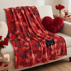Horaldaily Valentine Flannel Blanket Throw, Love Hearts Cat Red Soft Fuzzy Plush Cozy Fleece Blankets for Couch Sofa Bed Lounging, Ideal Gifts for Kids Adults Wife Self, 50x60