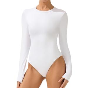 AFITNE Womens Crew Neck Long Sleeve Bodysuit Basic Trendy Tummy Control Double Lined Thong Body Suit Tops Shirts (X-Large, White)