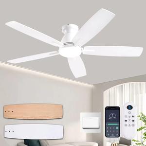 NKPU 52 Inch White Modern Ceiling Fans with Lights, Low Profile Ceiling Fan and Remote Control, DC Reversible Motor, Dimmable LED Ceiling Fans for Bedroom, Indoor/Outdoor Patio Use