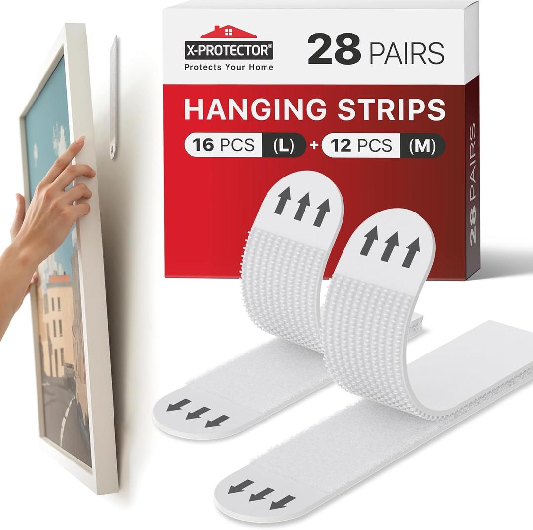 X-Protector Picture Hanging Strips - 28 Pairs Damage Free Picture Hangers - Self Adhesive Wall Hangers Without Nails - Heavy Duty Wall Hanging Strips - Walls Sticky for Hanging Up to 20 LBS (Size M+L)