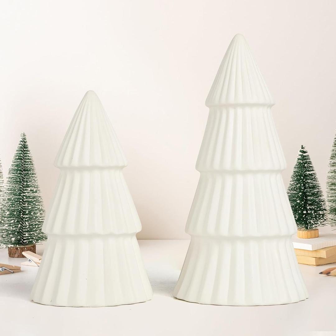 White Ceramic Christmas Tree, Porcelain Christmas Tree Table Decorations Farmhouse Christmas Decor Trees for Tabletop Winter Mantle Shelf Dinner Holiday Party Supplies Set of 2 (White)