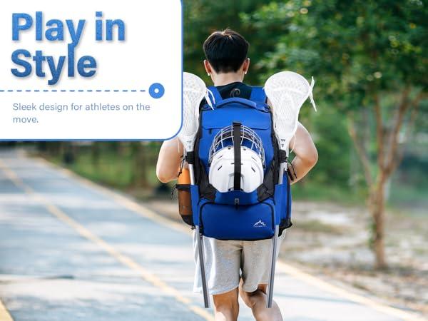 Himal Outdoors Lacrosse Bag with Helmet Storage- Premium Lacrosse Backpack with Two Stick Holder- Extra Large Separate Shoe Compartment-Zipper Pocket & Towel Ring and Padded Shoulder Straps, Blue