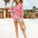 Timeson Women's 3/4 Sleeve Tops Dressy Casual V Neck Floral Blouses Elastic Waist Fall Shirts (Pink, XL)
