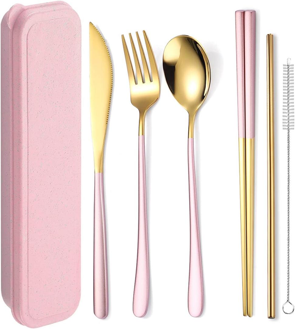 6 Pieces 18/8 Stainless Steel Flatware Set Portable Reusable Cutlery Set Travel Utensils Set Including Chopsticks Knife Fork Spoon Straws Cleaning Brush Dishwasher Safe (Pink golden)