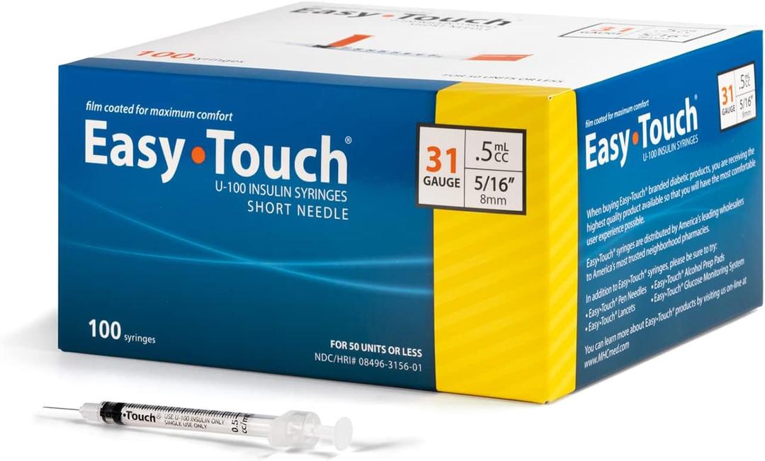 EasyTouch U-100 Insulin Syringe with Needle, 31G 0.5cc 5/16-Inch (8mm), Box of 100 EasyTouch U-100 Insulin Syringe with Needle, 31G 0.5cc 5/16-Inch (8mm), Box of 100