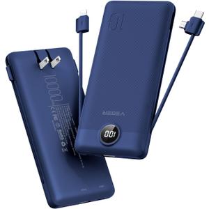 VEGER Portable Charger with Built-in AC Plug and Cables, All in One 10000mAh Ultra Slim Power Bank Travel Essentials, Fast Charging Battery Pack Compatible with iPhone, Samsung, Android (Navy)