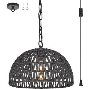ELYCCUPA Hand-Woven Rattan Black Plug in Pendant Light with Adjustable Chain Transitional Minimalist Boho Dome Wicker Pendant Hanging Light for Kitchen Island Dining Room Hallway, Dia 13”, UL Listed