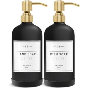 Vine Creations Black Glass Soap Dispenser, 2 Pack Kitchen Soap Dispenser Set with Stainless Steel Pump, 16 oz Dish Soap and Hand Soap Dispensers for Bathroom with Waterproof Labels (Matte Black Bottle / Brushed Gold Pump)