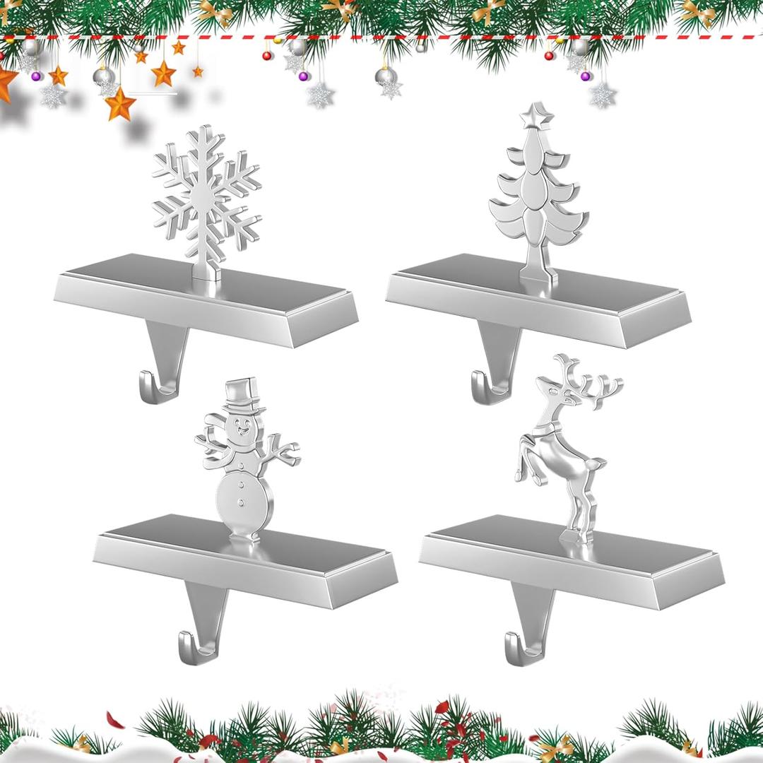 Stocking Holders for Mantle and Garland Hanger, 4-Pack Metal Christmas Stocking Hooks, Ideal for Christmas Celebrations, Festive Home Decorations, and Party Supplies (Silver)