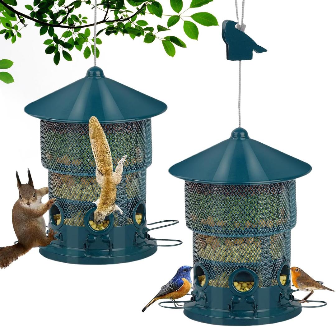 Outdoor Hanging Bird Feeder Squirrel Proof, 6 Feeding Ports with 360Chew Proof Metal Guard, Ideal for Cardinals Finches Chickadees and Wild Birds,All Weather Metal Bird Feeder