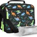 Choco Mocha Lunch Box Kids Lunch Box for Boys Lunch Boxes for School Lunch Bag Ice Packs with Shoulder Strap for Toddler Preschool Kindergarten Black & Green Dinosaurs