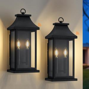 tewei 18'' Dusk to Dawn Outdoor Light Fixture, Porch Lights Outdoor Wall Sconce Lantern, 2-Light Black Exterior Lighting Fixture Wall Mount, Outside Light for House Garage, 2-Pack