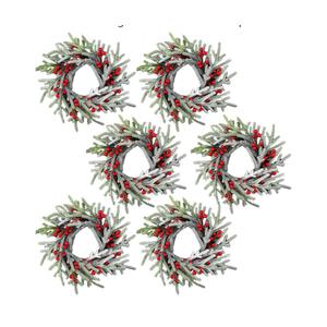 6 Pcs Christmas Candle Rings Wreaths Artificial Red Berries Snowy Pine Candle Rings Holder for Christmas Wedding Home Table Centerpiece