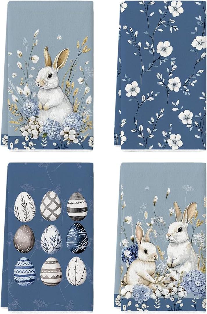 Artoid Mode Bunny Hydrangea Eggs Easter Kitchen Towels Dish Towels, 18x26 Inch Spring Farmhouse Wild Flowers Decoration Hand Towels Set of 4